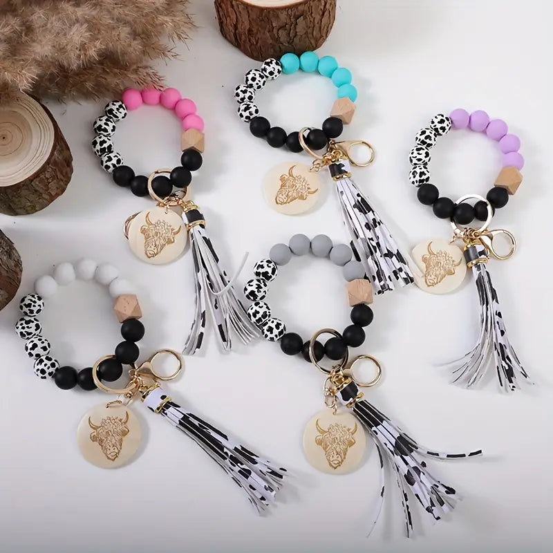 Leopard Print Wooden Beads Wrist Keychain
