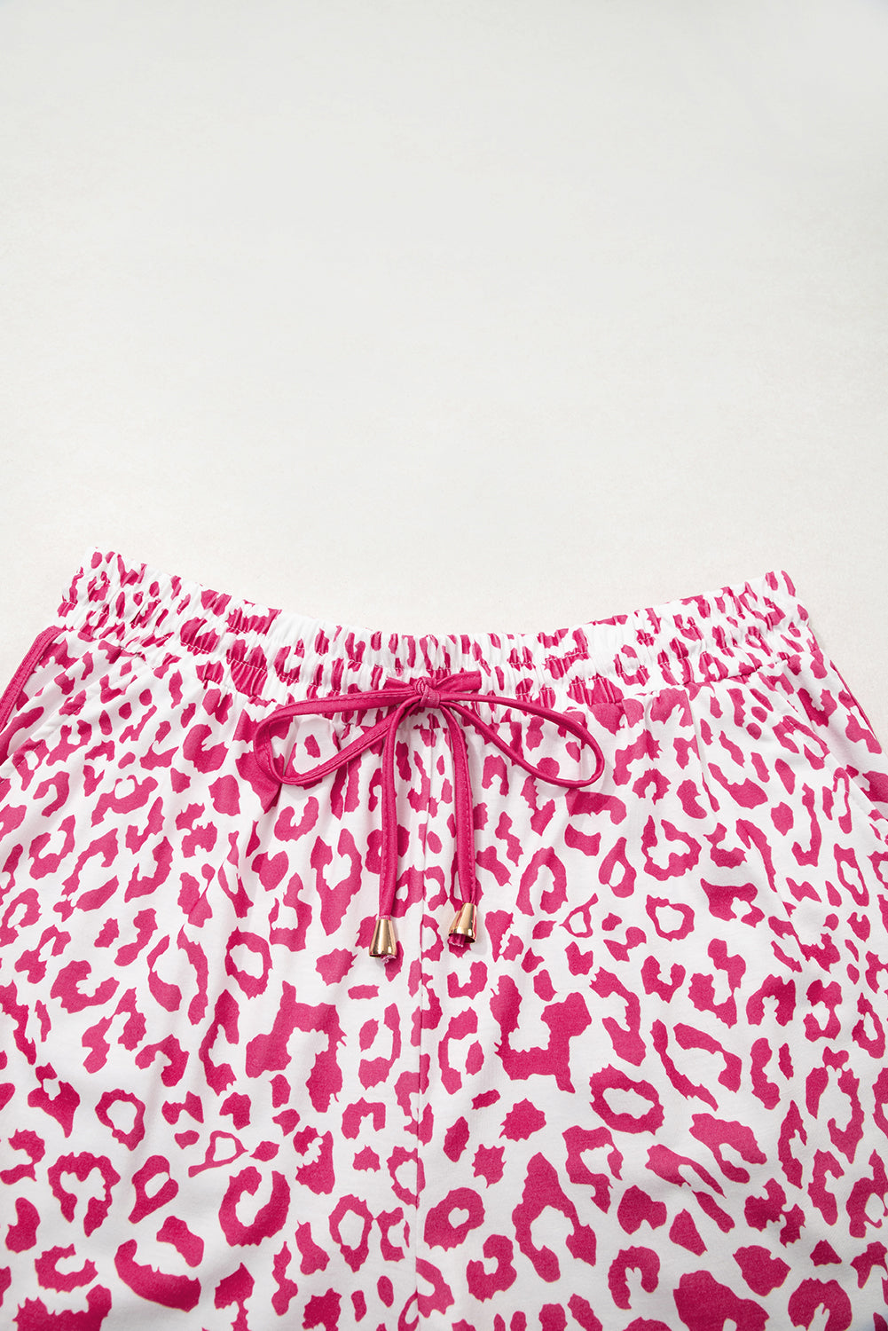Pink Leopard Elastic Waistband Lace up Contrast Trim Casual Shorts