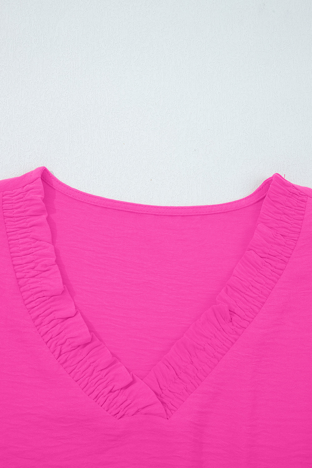 Bright Pink Frilled V Neckline Bracelet Sleeve Crinkled Blouse