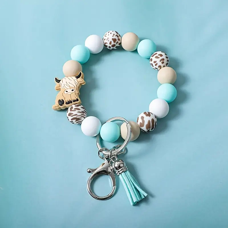 Silicone Western Vintage Cow & Bee Bead Bracelet Keychain | Tassel Charm, Lobster Clasp Wristlet for Women