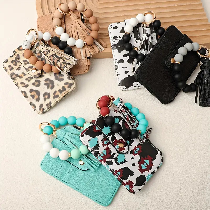 Fashionable Faux Leather Key Rings with Silicone Bead Bracelet, Tassel, Lobster Clasp