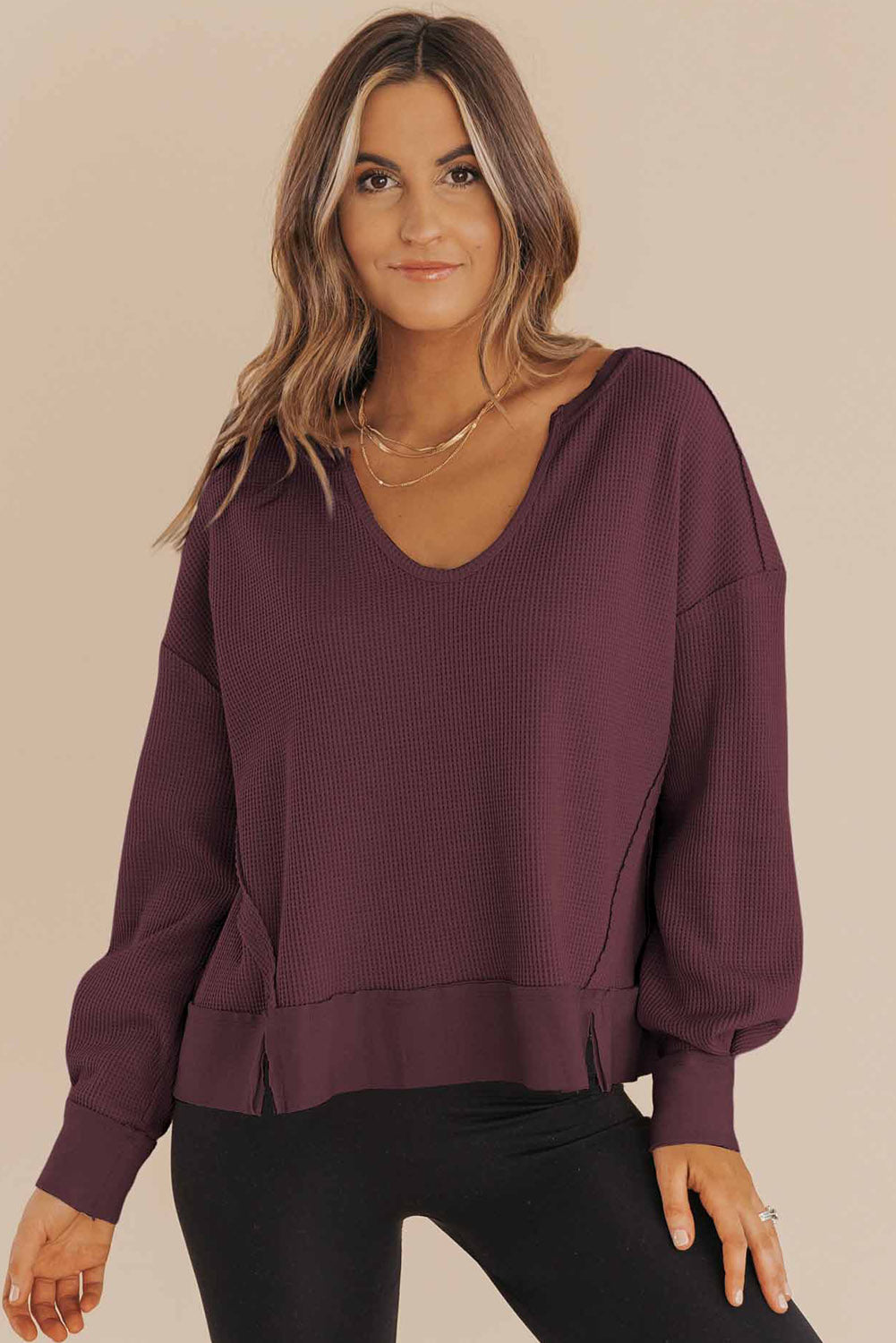 Casual Waffle Knit Notched V Neck Drop Shoulder Solid Sweatshirt